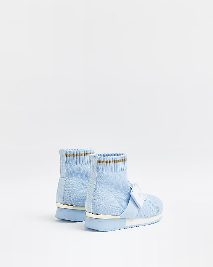 Mini girls blue bow knitted high top trainers