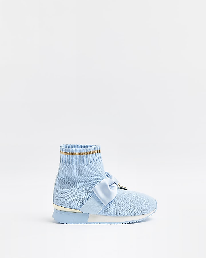 Mini girls blue bow knitted high top trainers