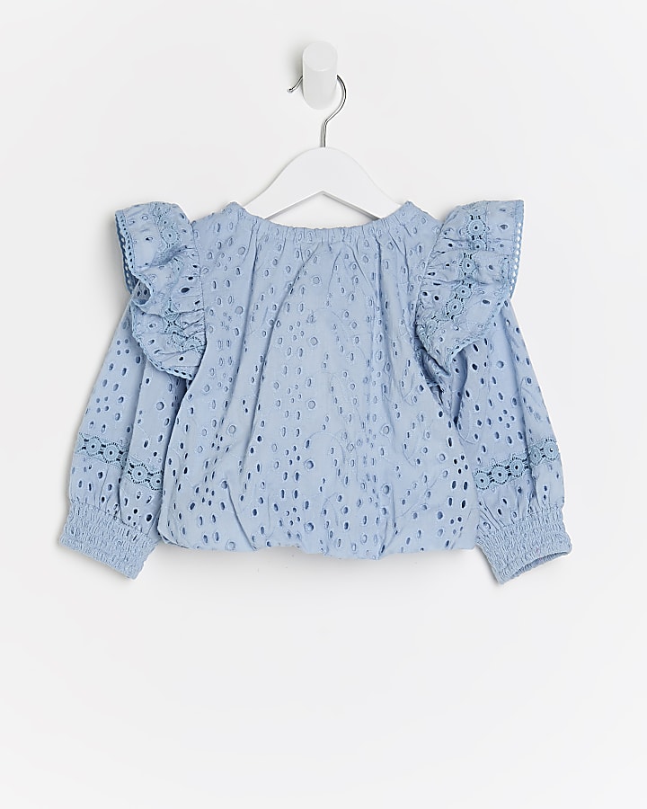 Mini girls blue broidery frill blouse