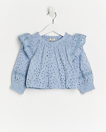 Mini girls blue broidery frill blouse