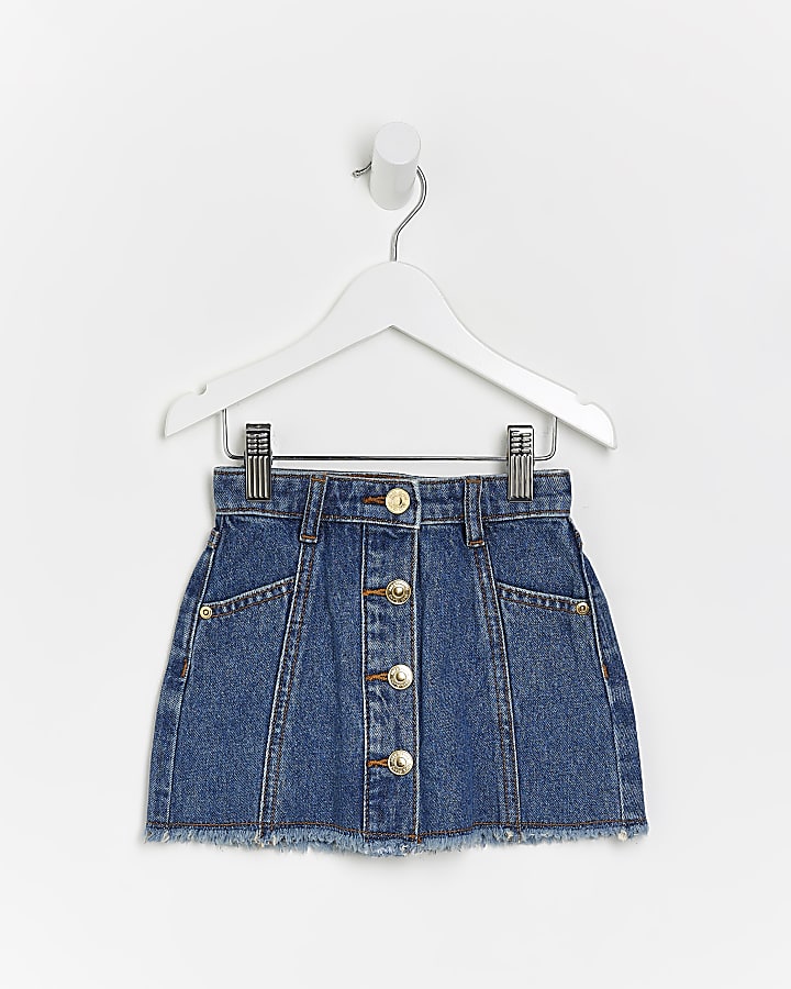 Mini girls blue button front denim mini skirt