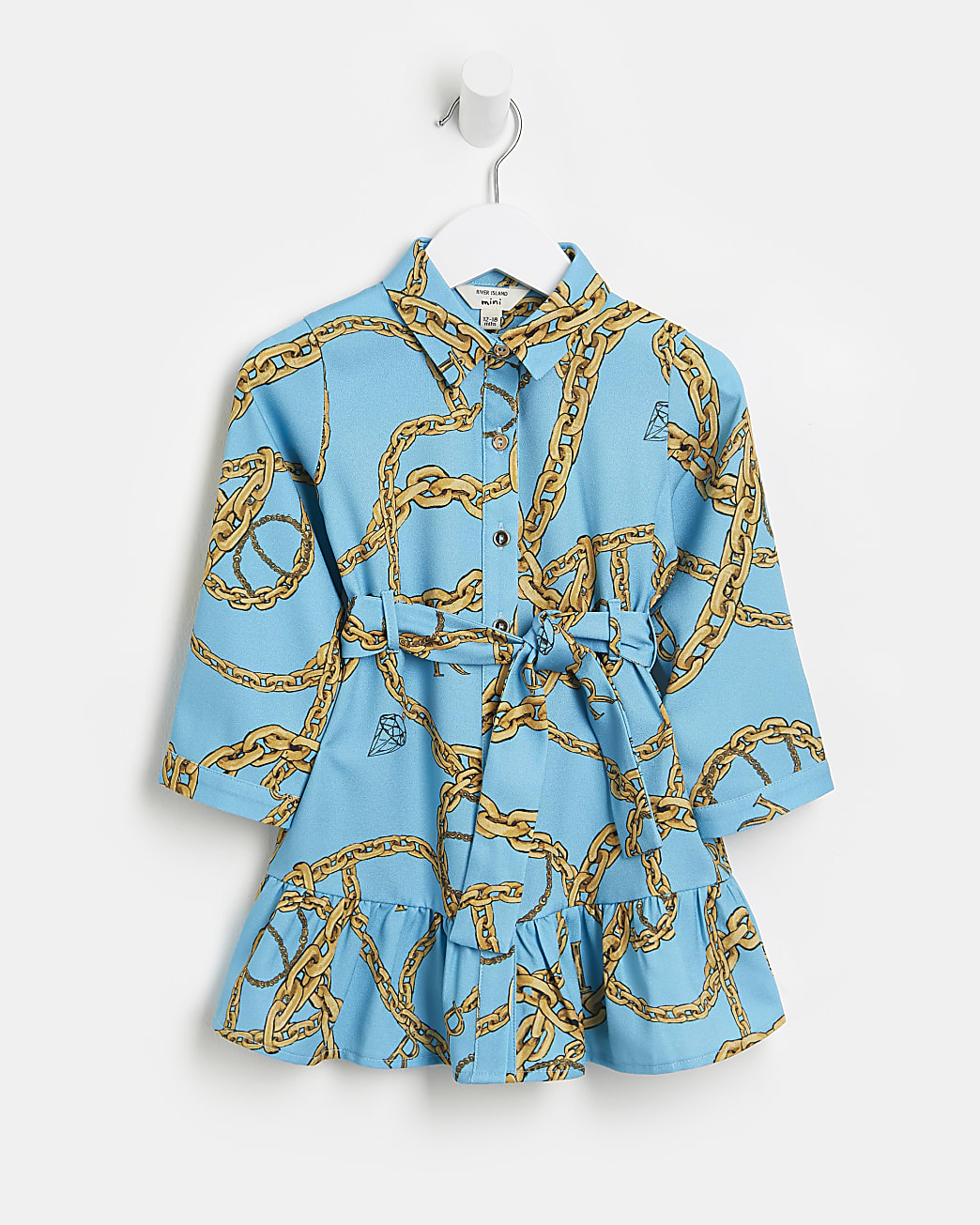 Mini girls blue chain print shirt dress