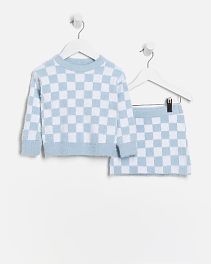 Mini girls blue check jumper and skirt outfit