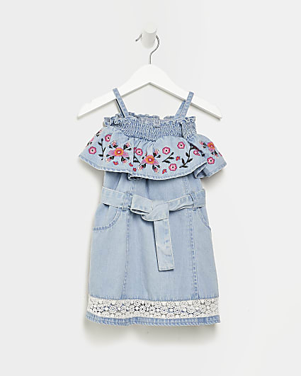 Mini girls blue denim embroidered dress