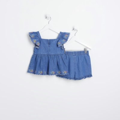 Mini girls blue denim embroidered shorts set