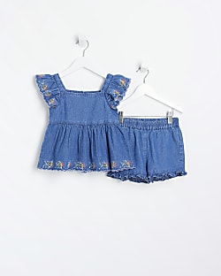 Mini girls blue denim embroidered shorts set