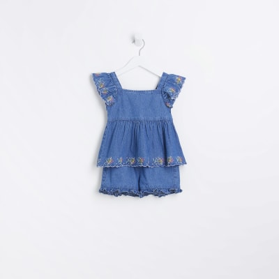 Mini girls blue denim embroidered shorts set