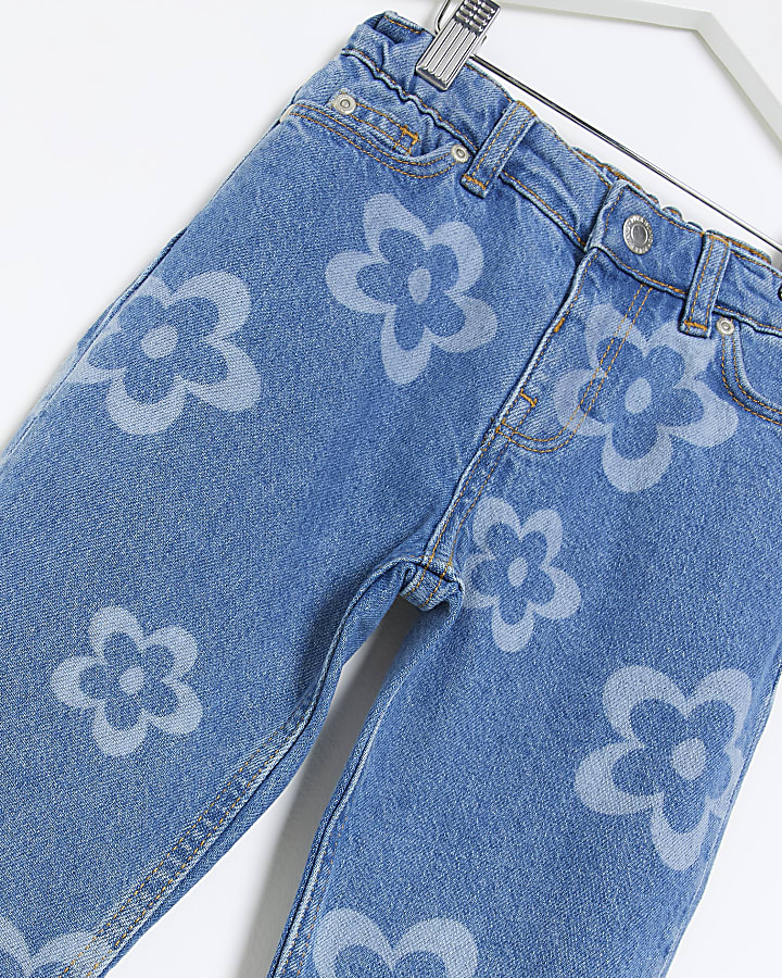 Mini girls blue denim floral print Mom Jeans