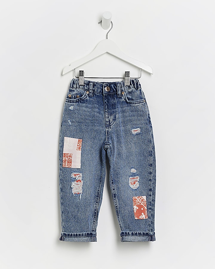 Mini girls blue denim patchwork rip mom jeans