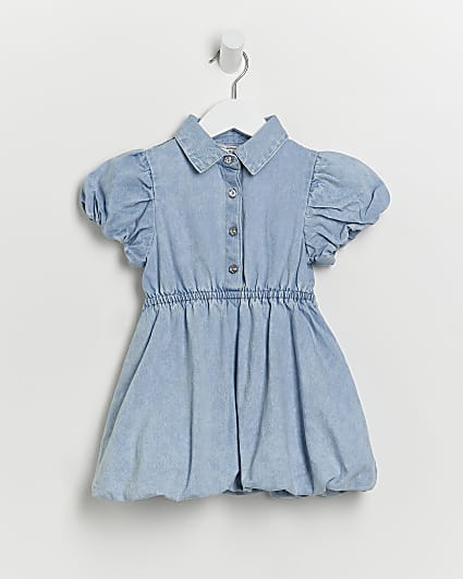 Mini girls blue denim puffball Dress