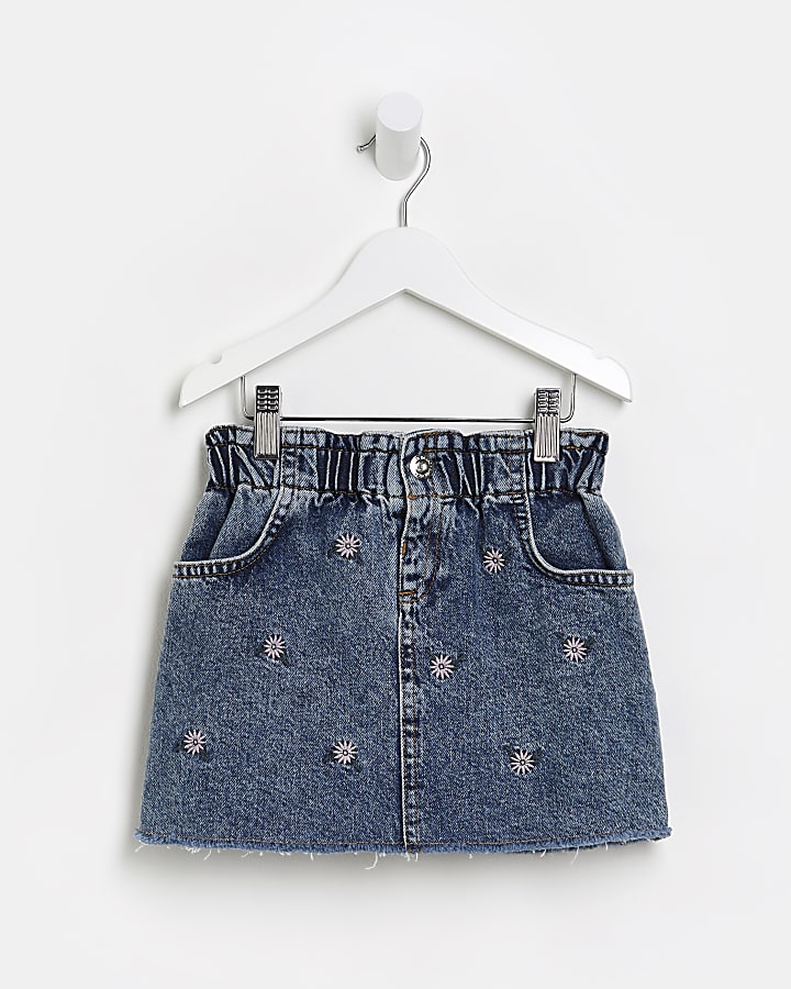 Mini girls blue ditsy embroidered denim skirt