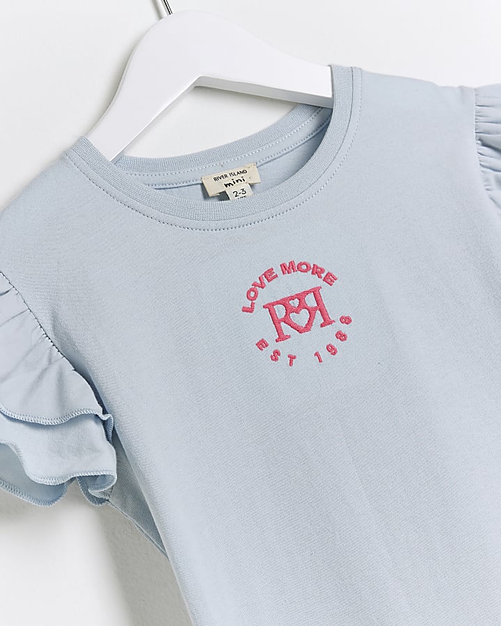 Mini girls blue embroidered frill t-shirt