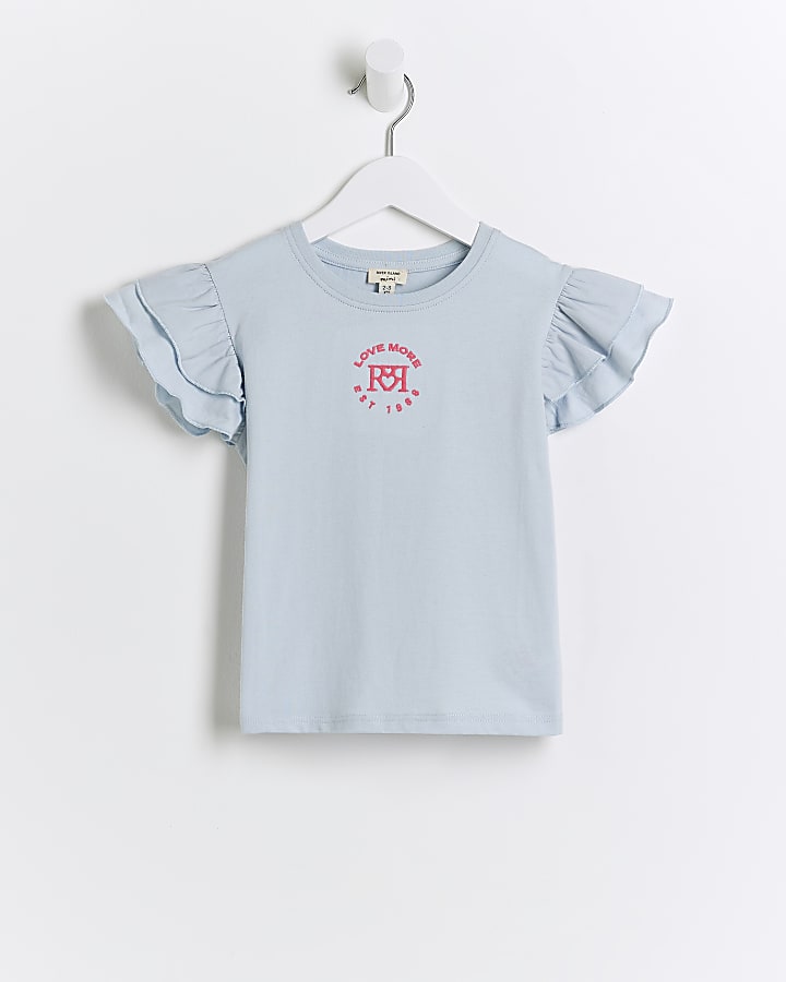 Mini girls blue embroidered frill t-shirt