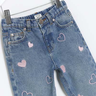 Mini girls blue embroidered heart mom jeans