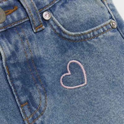 Mini girls blue embroidered heart mom jeans | River Island