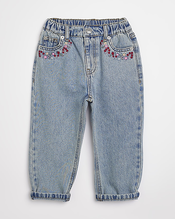 Mini girls blue floral embroidered Mom jeans
