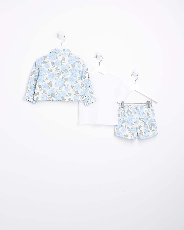 Mini Girls Blue Floral Shacket and Shorts Set