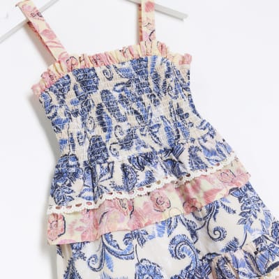 Mini girls blue floral tiered smock dress