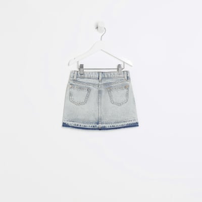 Mini girls blue frayed hem denim skirt