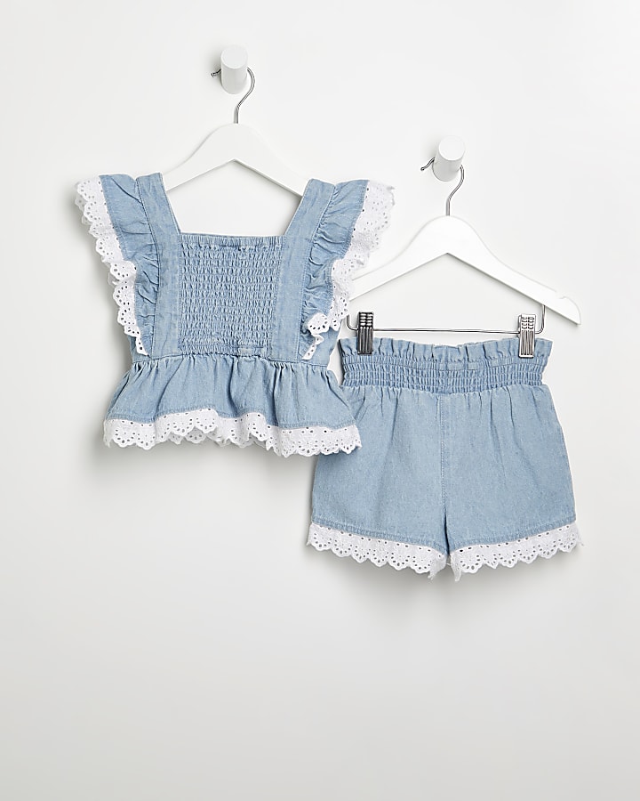 Mini girls blue frill broidery trim outfit