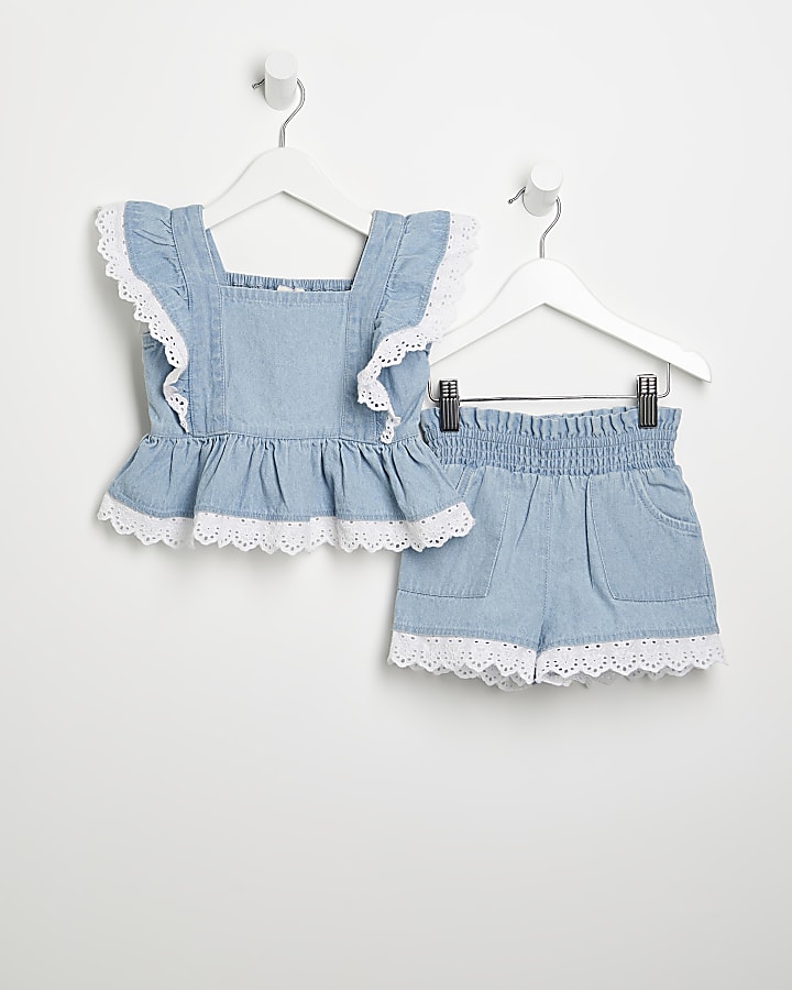 Mini girls blue frill broidery trim outfit