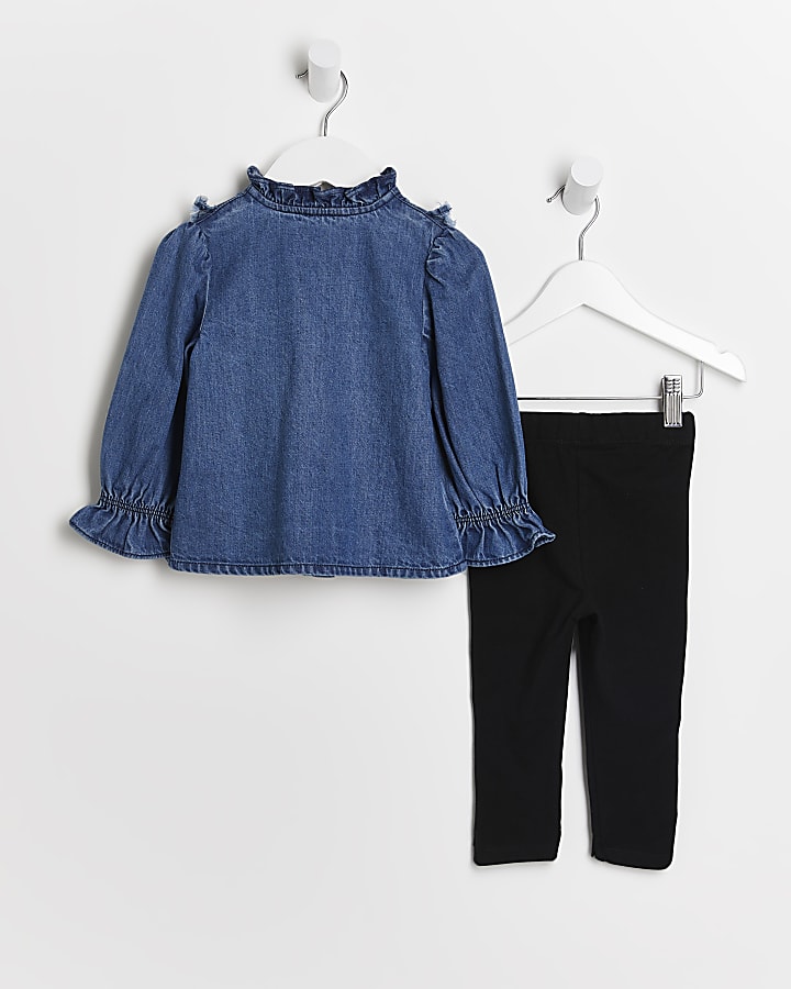 Mini girls blue frill denim shirt outfit