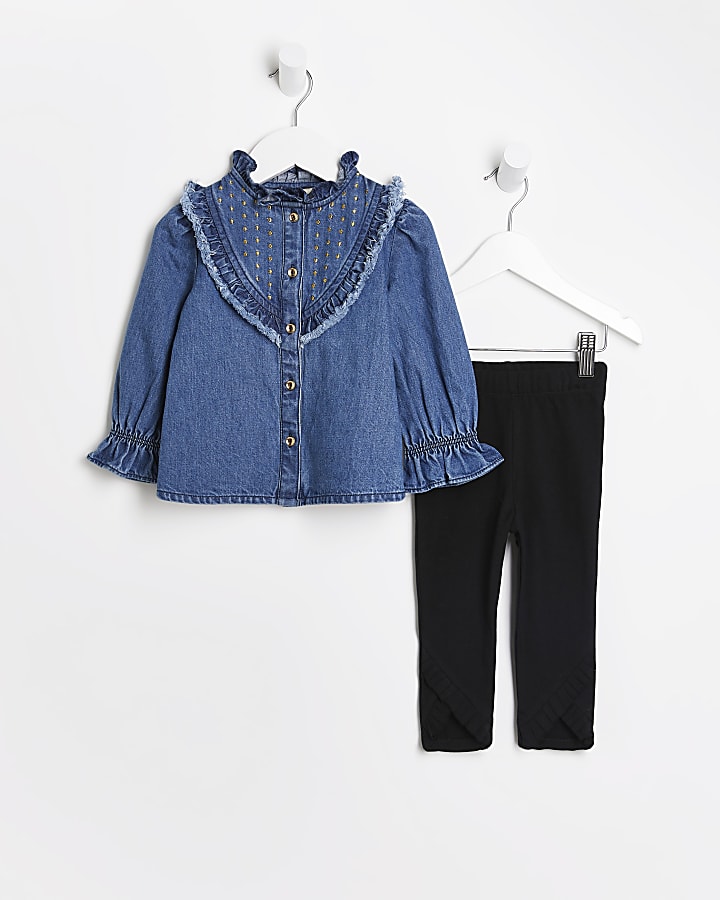 Mini girls blue frill denim shirt outfit