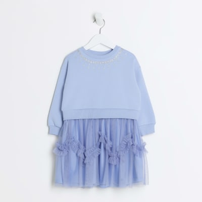 Mini girls blue frill hybrid party dress | River Island