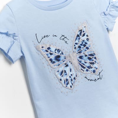Mini girls blue glitter butterfly t-shirt