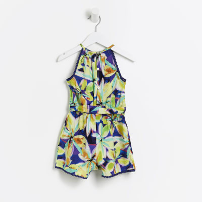 Mini Girls Blue Halter neck Floral Playsuit