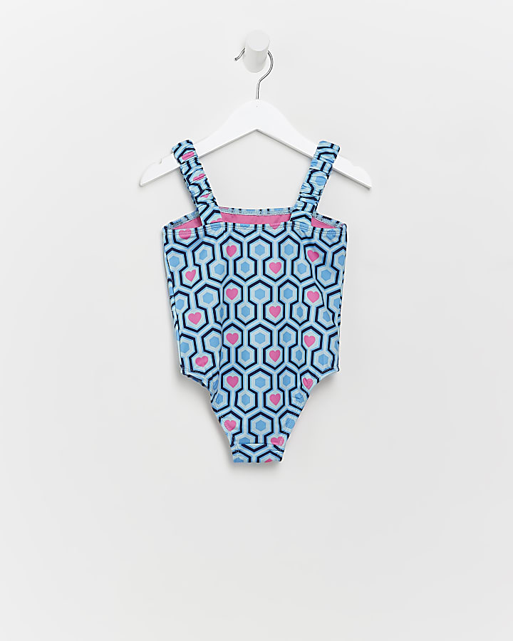 Mini girls blue heart print swimsuit