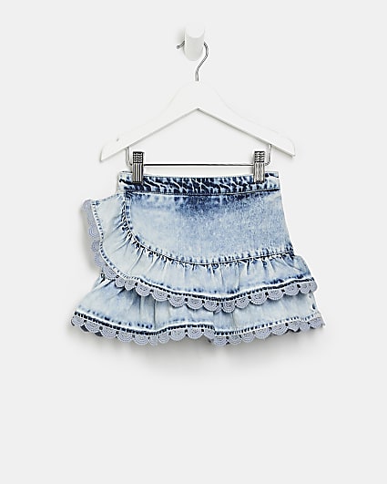 Mini girls blue layered frill denim skirt