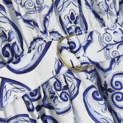 Mini girls blue paisley belted skater dress
