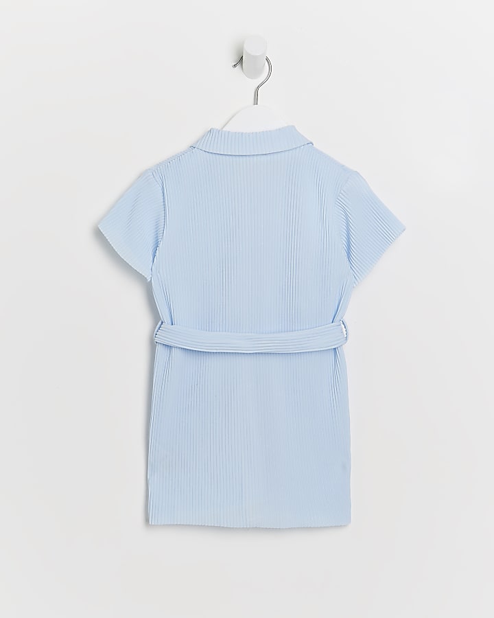 Mini girls blue plisse shirt dress