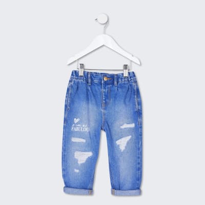 Mini girls blue print jeans | River Island