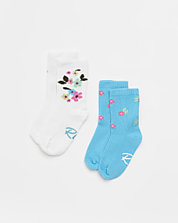 Mini girls blue RI Floral socks 2 pack