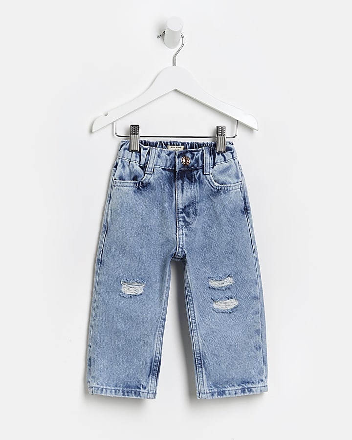 Mini girls blue ripped straight jeans