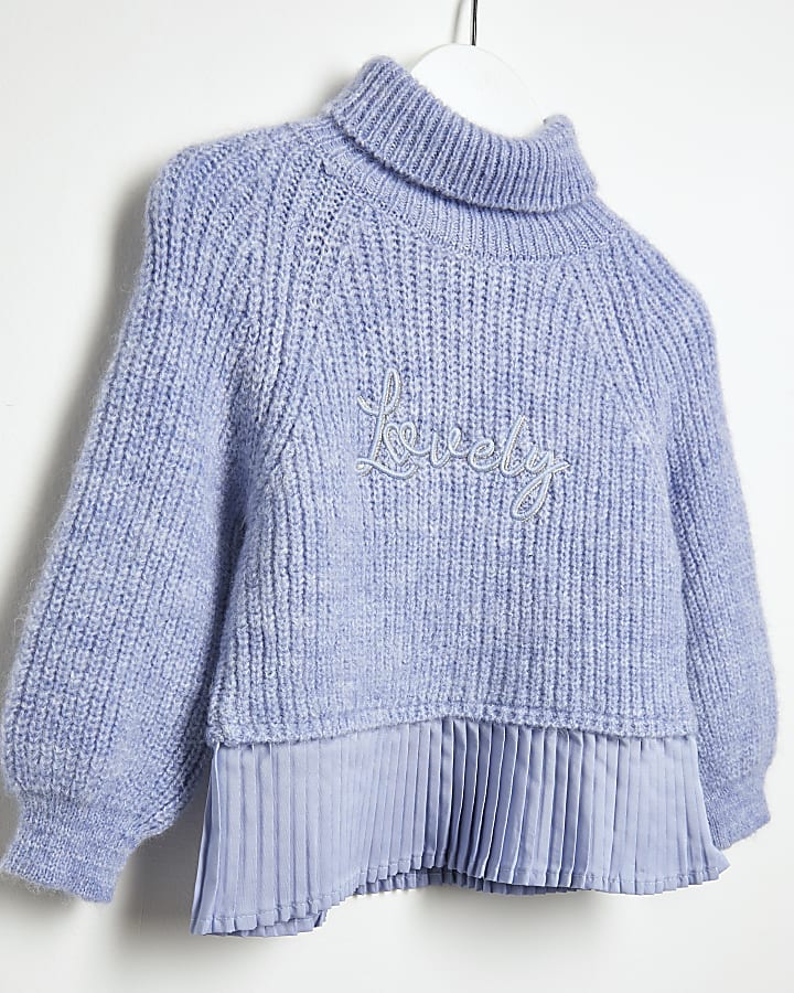 Mini girls blue roll neck 'lovely' jumper
