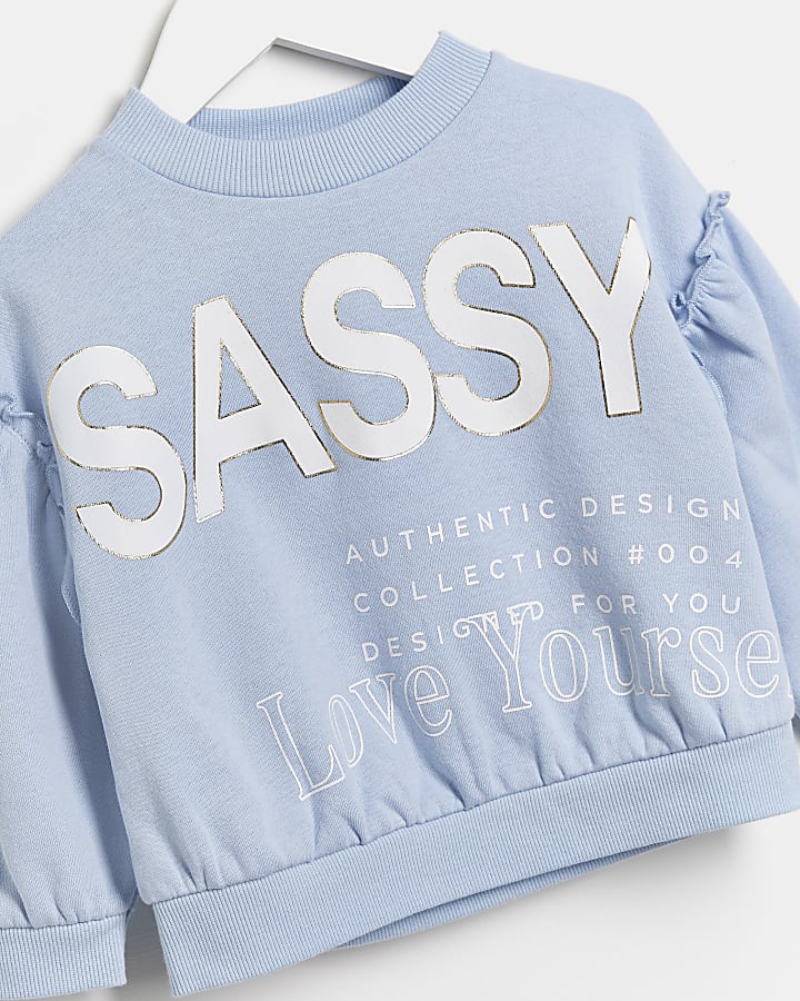 Mini girls blue sassy print sweatshirt