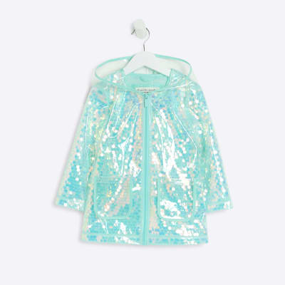 Mini girls blue sequin hooded rain coat River Island