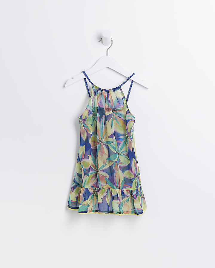 Mini Girls Blue Sheer Floral Beach Dress