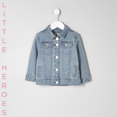 Mini girls blue slogan print denim jacket