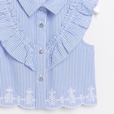 Mini girls blue stripe broderie frill blouse