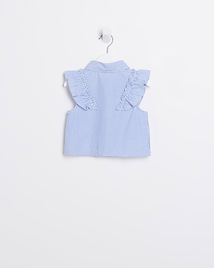Mini girls blue stripe broderie frill blouse