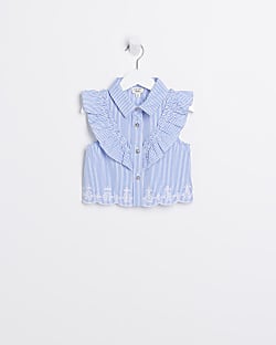Mini girls blue stripe broderie frill blouse