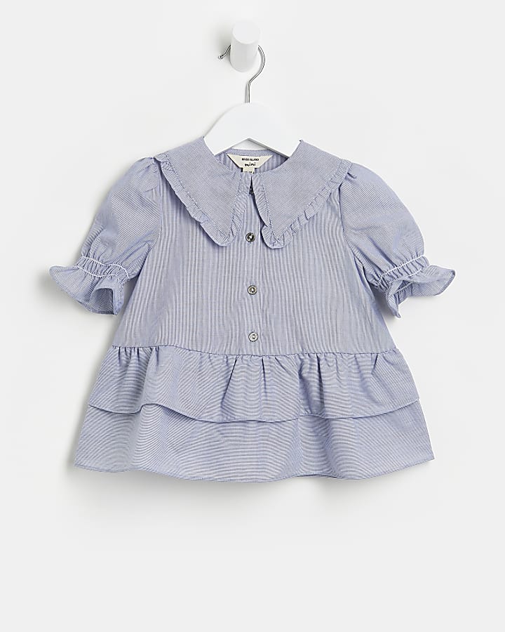 Mini girls blue stripe frill blouse top