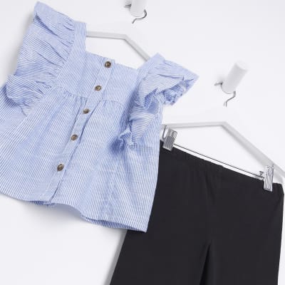 Mini Girls Blue Stripe Frill Leggings Set