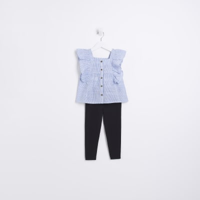 Mini Girls Blue Stripe Frill Leggings Set