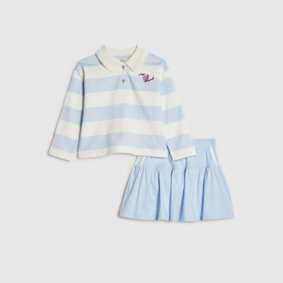Mini Girls Blue Stripe Polo Shirt Set