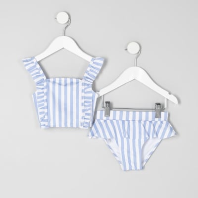 Mini girls blue stripe print bikini set